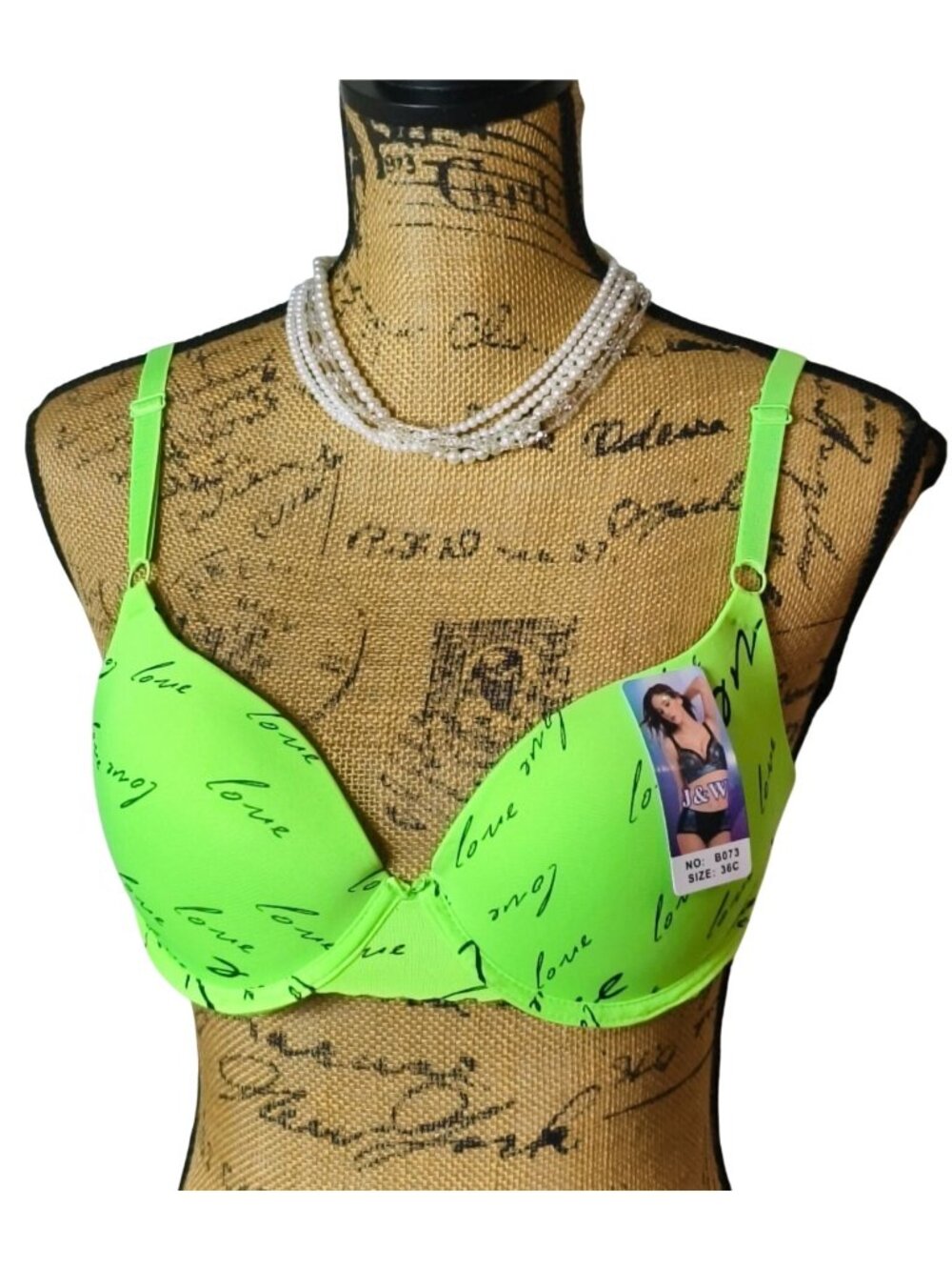 Womens 36C Bra LOVE Print Neon Green Underwire Ltly Padded Adjust Straps